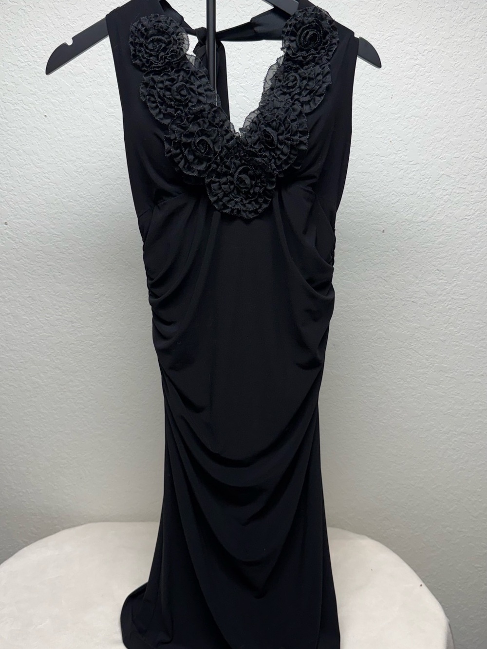 Joseph Ribkoff Black Backless Evening Dress with Floral Applique